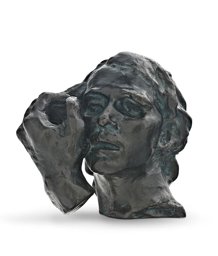 Auguste Rodin, Jean de Fiennes, head of the reduction, with left hand, c.1885 (G Rudier Foundry, cast 1985), bronze, 8.0 x 8.3 x 7.0 cm. William Bowmore AO OBE Collection. Art Gallery of South Australia, Adelaide.