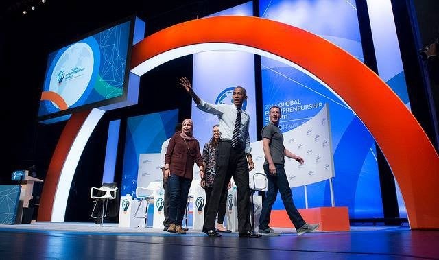 President Obama, Mark Zuckerberg and global entrepreneurs at the 2016 GES in Silicon Valley.