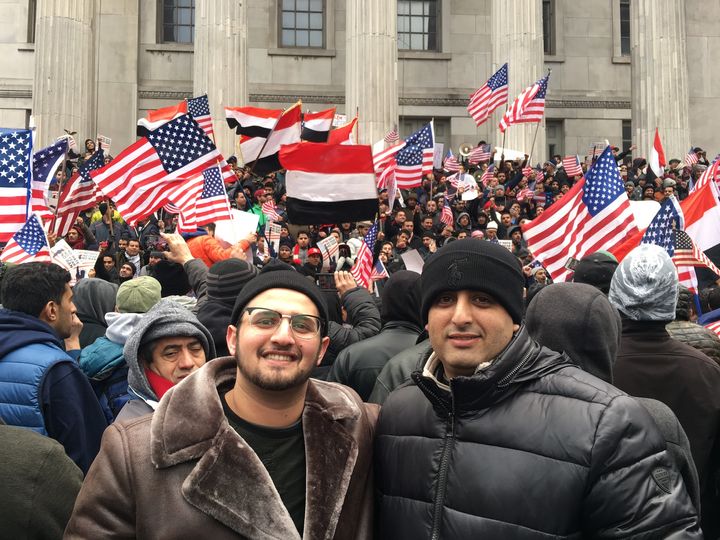 Mohammed Saleh, right, who has lived most of his life in the United States, said he opposed the new immigrant ban.