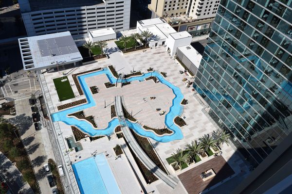 The Marriott Marquis in downtown Houston opened just in time for the Super Bowl, debuting a Texas-shaped lazy river on its rooftop deck. The surrounding area has been significantly gussied up for the game with new hotels, restaurants, green spaces and public art. 