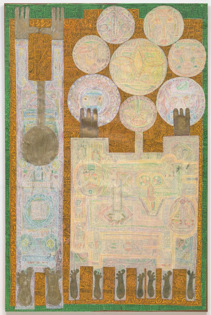 Charles Hossein Zenderoudi (Iranian, born 1937), "K+L+32+H+4. Mon père et moi (My Father and I)," 1962, felt-tip pen and colored ink on paper on board, 89 x 58 5/8" (225.9 x 148.7 cm)