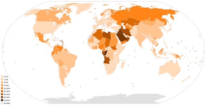 Oil rents as a percentage of GDP by country in 2013. Oil extraction accounts for a significantly larger share of the Russian economy than the US economy