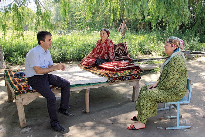 Amir Madamoniv, UN Women Programme Coordinator, meets with women living along the Tajik-Kyrgyz border. Photo: UN Women/Aijam