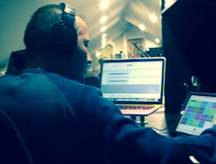 <p>Recording a podcast with my customized set-up</p>