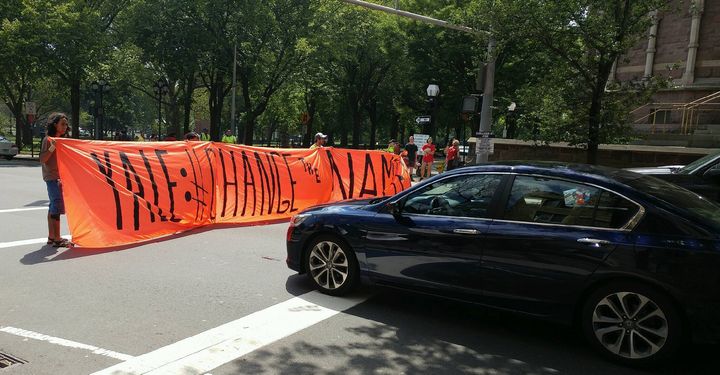 Activists block an intersection adjacent to Yale’s Calhoun College in August, 2016. The residential hall is named for John C. Calhoun, a former U.S. Vice President and ardent advocate of slavery.