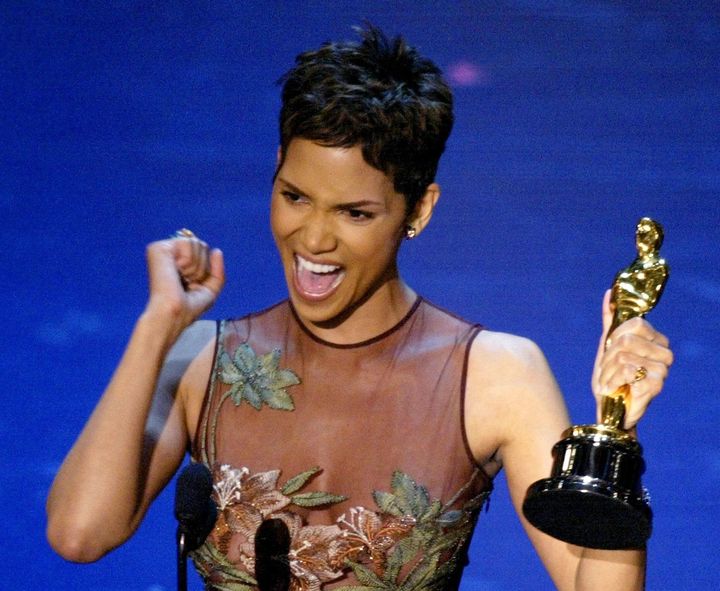 Halle Berry reacts to winning the Oscar for Best Actress during the 74th annual Academy Awards.