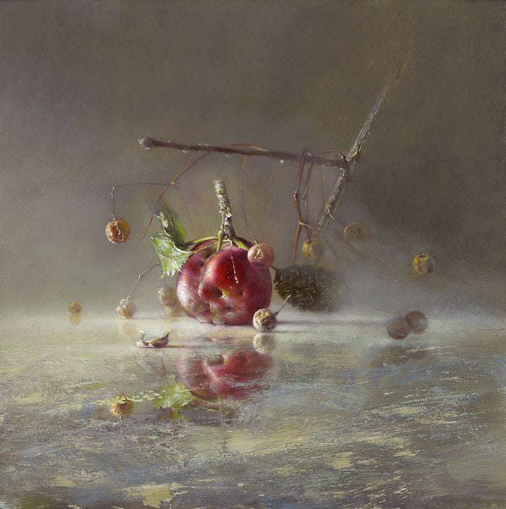 <p>Transitory Spaces: Apple, Berries, and Leaf | Oil on panel - 8” x 8” 2014</p>