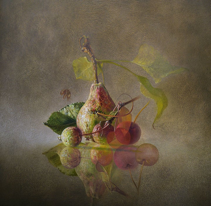 <p>Transitory Spaces: Pear, Apples & Cherries | Oil on panel - 12” x 12” 2016</p>