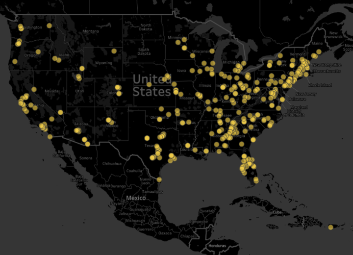 A visual representation of the location of 400 women veteran respondents to a survey on housing instability after military service.