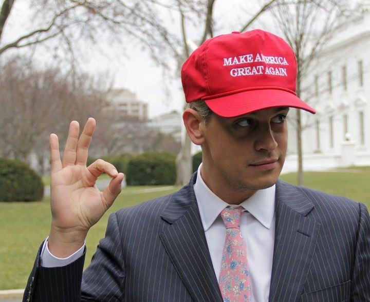 Anti-Liberal Provocateur Milo Yannopoulos Calls the Klans (flashes the KKK sign) wearing MAGA at the White House.