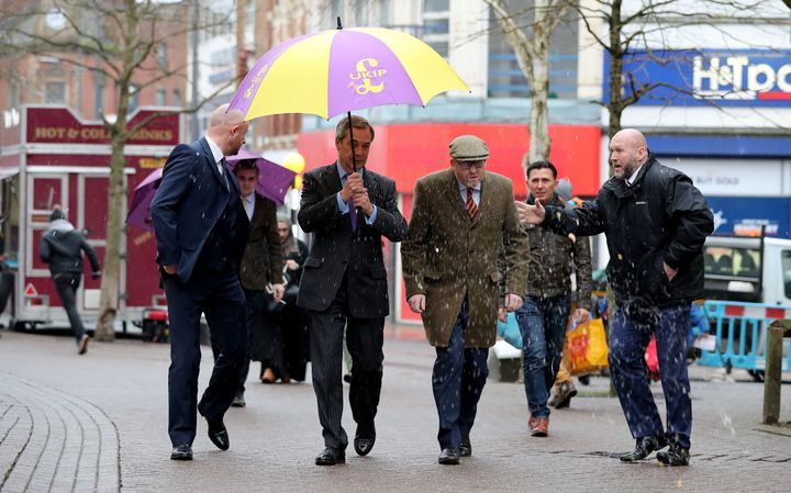 <em>Paul Nuttall and former Ukip leader Nigel Farage dodge an egg thrown at them while campaigning in Stoke</em>
