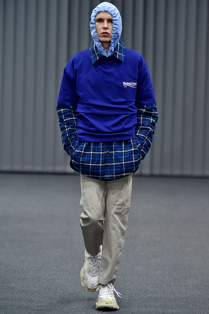 A model walks the runway during the Balenciaga Menswear Fall/Winter 2017-2018 show as part of Paris Fashion Week.