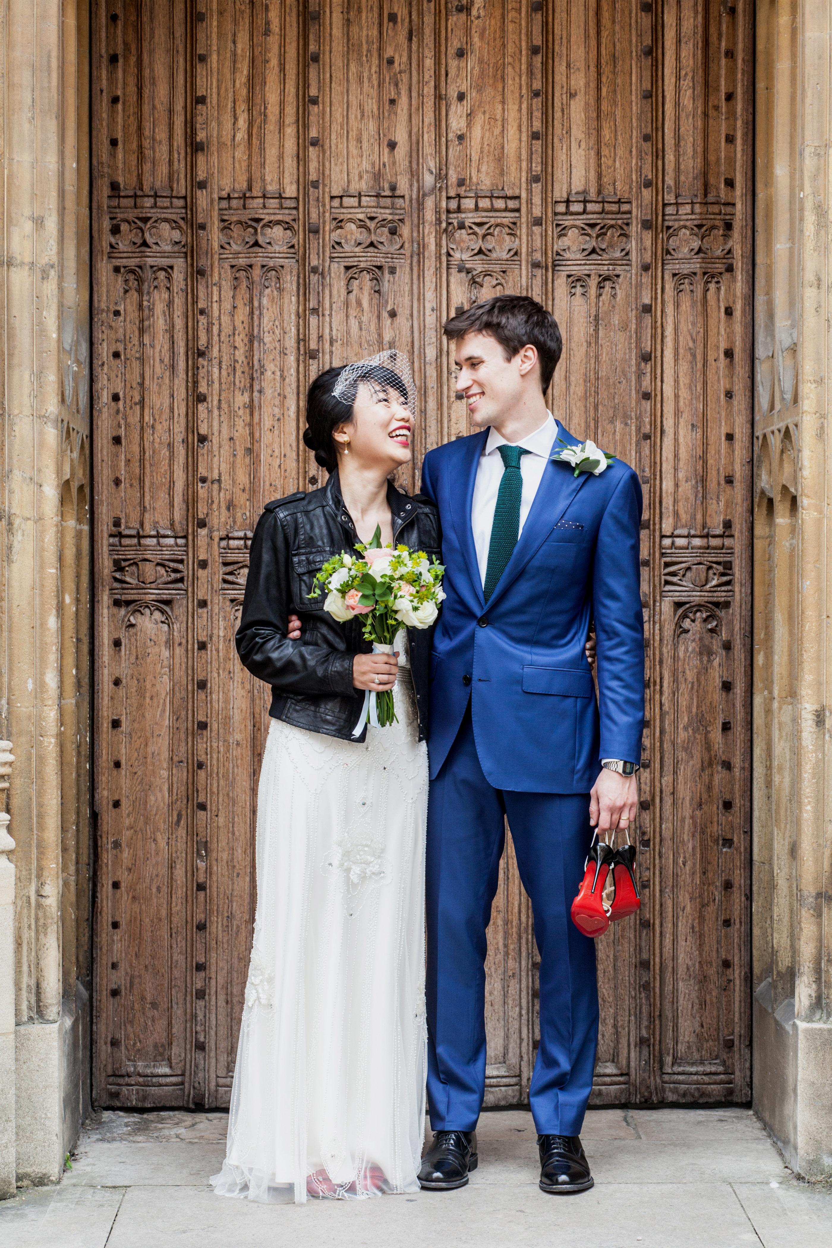 wedding dress and leather jacket