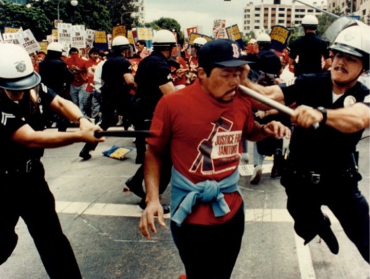 Police beat a striking janitor on the streets of Los Angeles