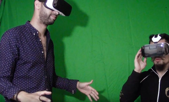 Harrison Schaen (left) and Hayward try out a virtual reality experience