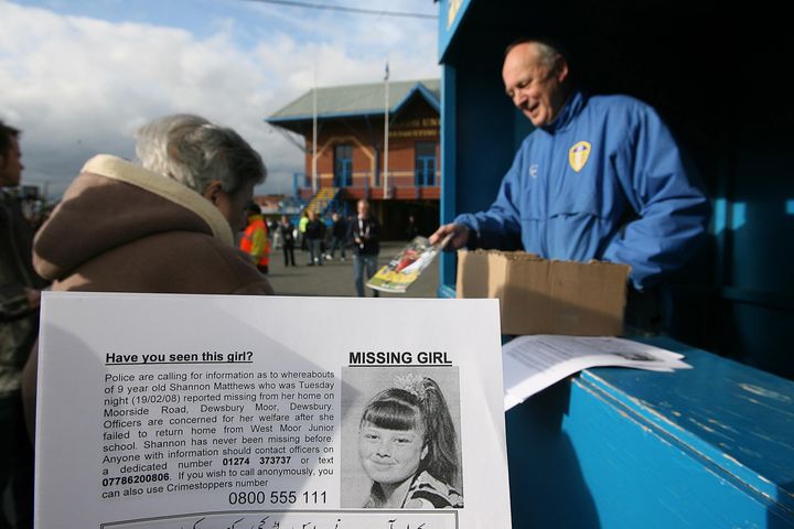 Leaflets appealing for information about Shannon Matthews are distributed at Leeds United's Elland Road ground before a match in 2008.
