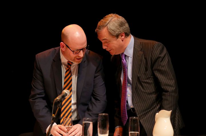 Ukip leader Paul Nuttall and his predecessor Nigel Farage at a public meeting in Stoke on Monday evening 