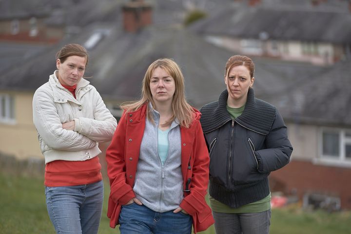 Karen Matthews is played by Gemma Whelan (right), supported by her neighbours Natalie Brown (Sian Brooke, left) and Julie Bushby (Sheridan Smith)