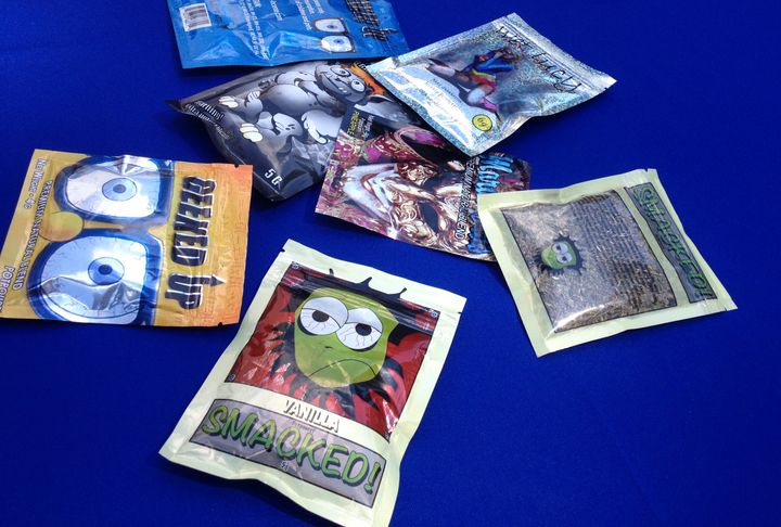 Packets of synthetic marijuana illegally sold in New York City are put on display at a news conference held by New York state Senator Jeff Klein in New York, August 12, 2015.