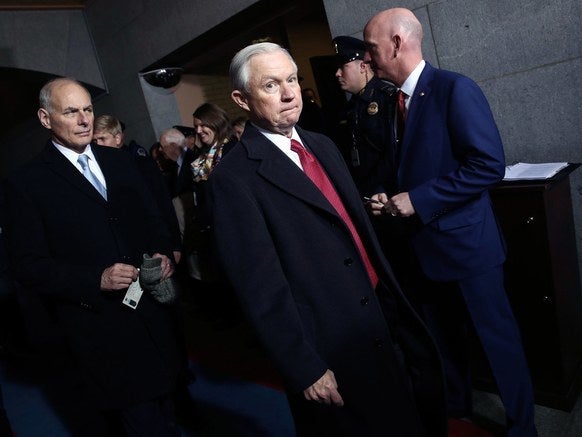 Jeff Sessions arrives at the U.S. Capitol on Friday, January 20, 2017, in Washington, for the inauguration ceremony of Donald