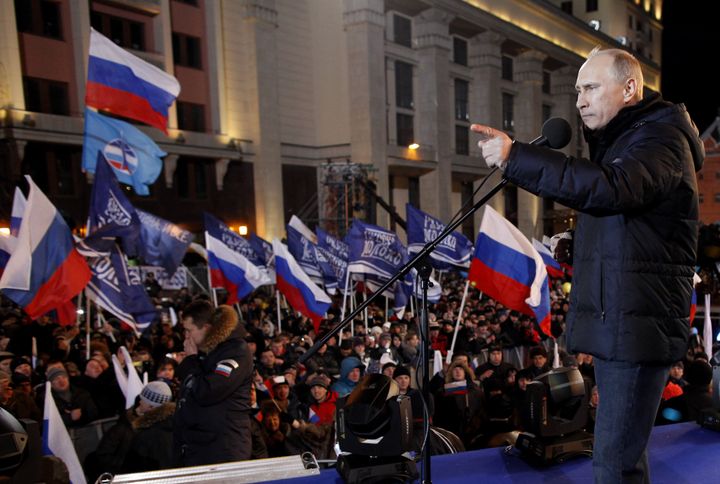 With tears in his eyes and his voice hoarse with emotion, Putin declares victory in Russia's elections, as he addresses supporters outside the Kremlin walls on March 4, 2012.