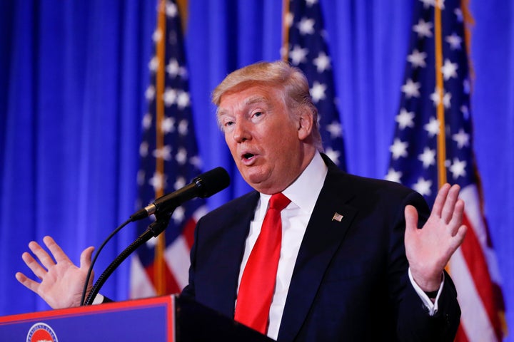 Then-U.S. President-elect Donald Trump speaks during a press conference in Trump Tower, New York, Jan. 11, 2017.