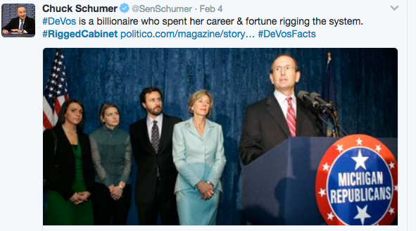 Minutes after confirmation, Senator Schumer tweeted an accusation that DeVos has used her money to rig the system. 