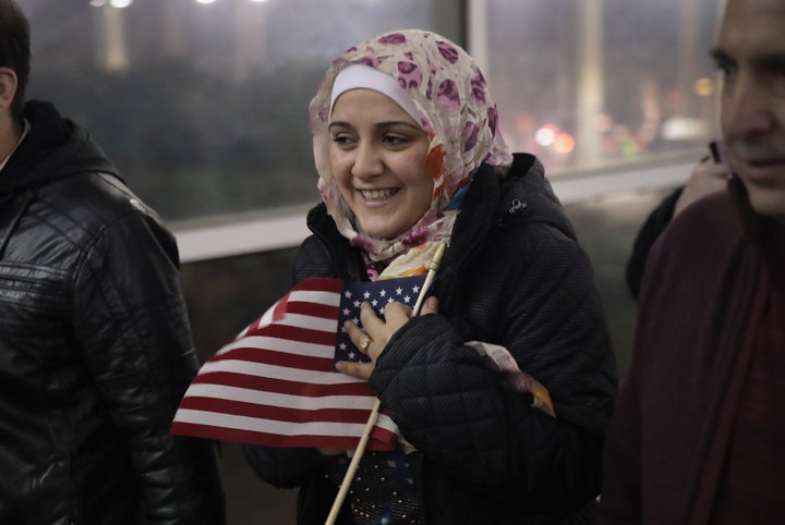 Baraa Hajj Khalaf leaves O'Hare airport with her family. They had initially expected to arrive in Chicago on Jan. 27.