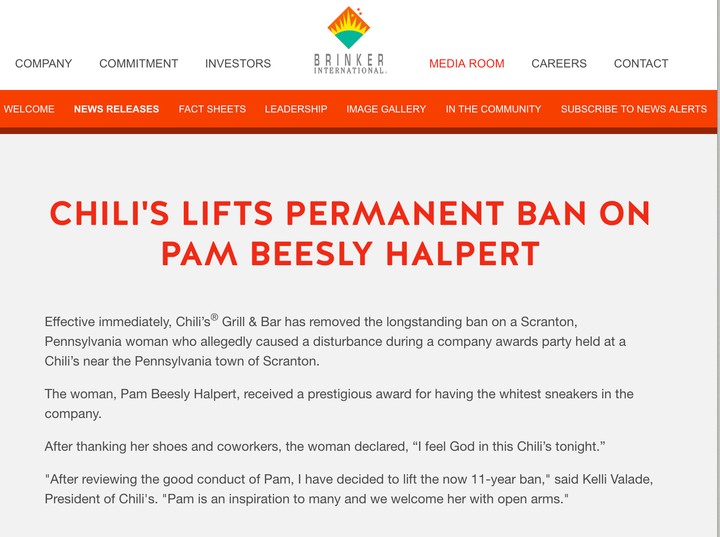 Chili's lifts ban on 'Office' character Pam Beesly