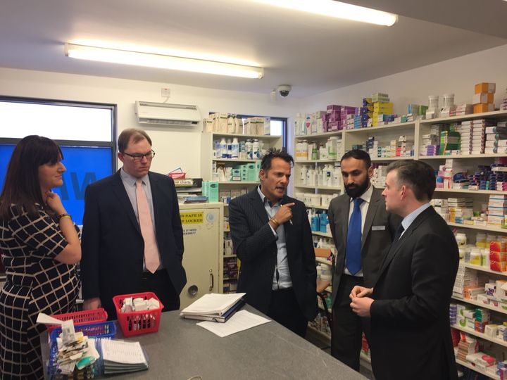 Labour's Gareth Snell (second left) is joined by Stoke North MP Ruth Smeeth (far left) and Shadow Health Secretary Jon Ashworth (far right) on a visit to a pharmacy in Stoke