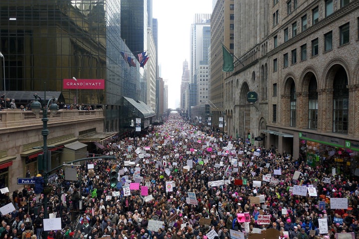 Protesters in New York City march in solidarity with the Women's March On Washington demonstration on Jan. 21, 2017. Trump's inauguration prompted protests around the country and the world.