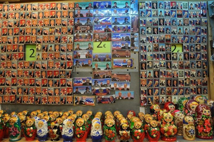 Magnets and matryoshka dolls featuring Trump and Putin in a souvenir shop in Tallinn, Estonia. Jan. 10.