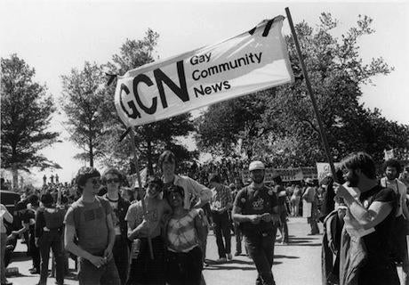 <p>Gay Community News at a 1981 demo against US intervention in El Salvador. Urvashi Vaid third from right.</p>