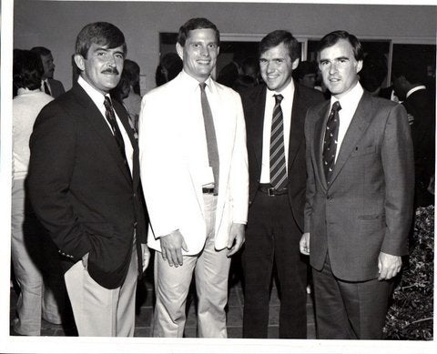 <p>Peter Scott and David Quarles ( both who died of AIDS), David Mixner, and Governor Jerry Brown.</p>