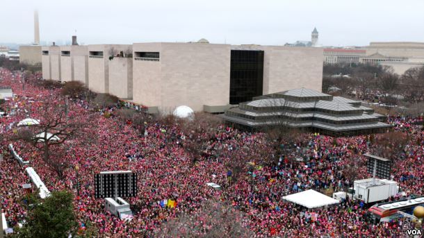 Aerial view of the Women’s March on Washington, where Gloria Steinem told hundreds of thousands of protesters, “We must put o