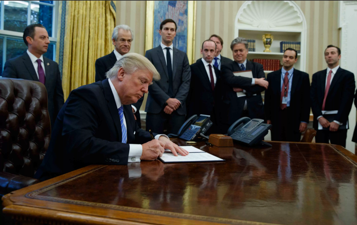 <p><a href="https://www.huffpost.com/news/topic/donald-trump">Donald Trump</a> signed a series of executive orders, including the “Global Gag Rule,” on January 23, 2017. </p>