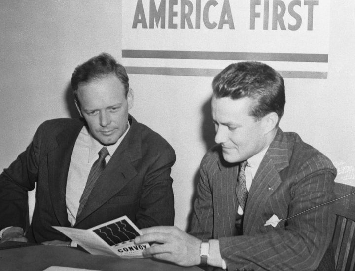 Aviator and America First Committee spokesman Charles Lindbergh, left, warned in 1941 that Jewish Americans threatened the country because of their influence in films, the media, radio and government.