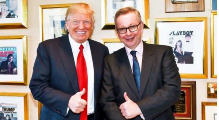 Michael Gove poses for a thumbs up photo with Donald Trump during an interview which Rupert Murdoch sat in on