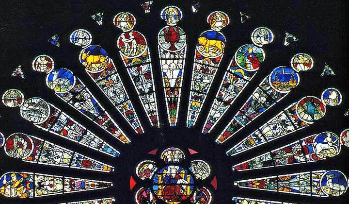 The Zodiac is represented in the top half of the South Rose Window of Christ at the Saint Maurice Cathedral of Angers, France. Designed by Andre Robin, c. 1451.