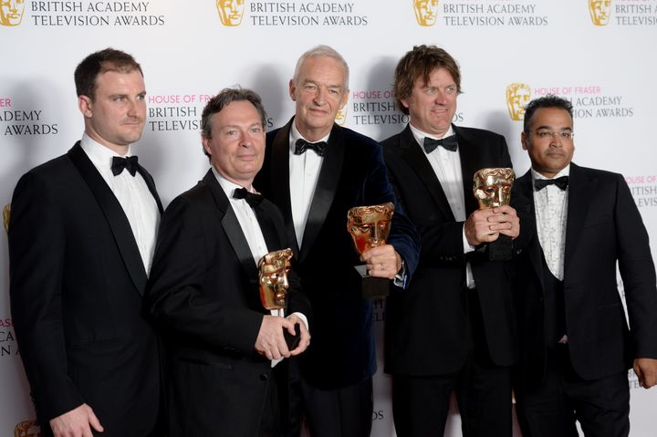 Channel 4 News wins the TV BAFTA for Best News Coverage for its reporting on the Paris terror attackL-R: Federico Escher, Jonathan Rugman, Jon Snow, Ben De Pear, Krishnan Guru-Murthy 