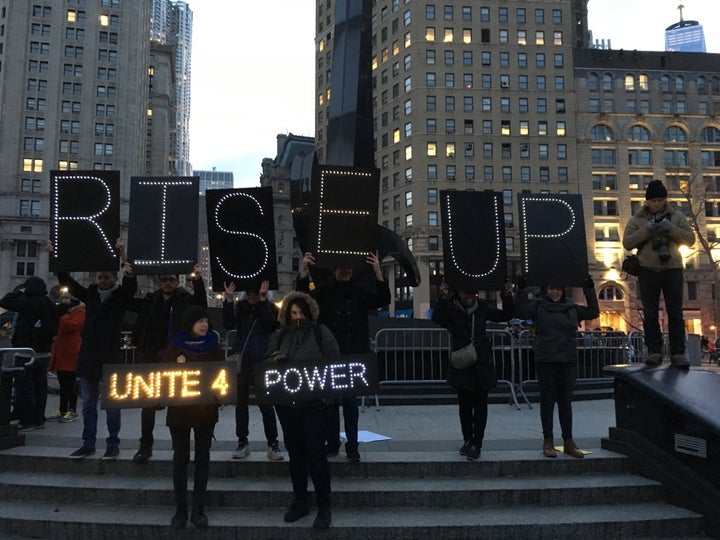 Demonstrators gather at Foley Square in Lower Manhattan on January 29, 2016, after an anti-Trump march from Battery Park.