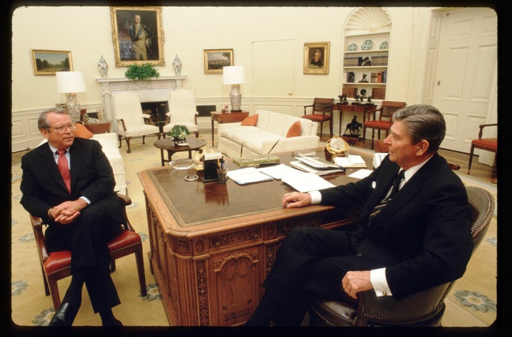 The 25th Amendment's Section 4 nearly came off the bench after Howard H. Baker Jr., left, became President Ronald Reagan's ch