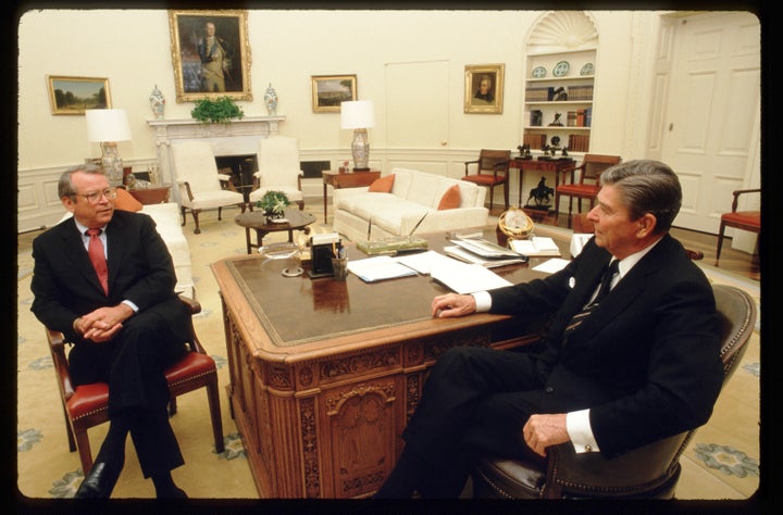 The 25th Amendment's Section 4 nearly came off the bench after Howard H. Baker Jr., left, became President Ronald Reagan's chief of staff in 1987.