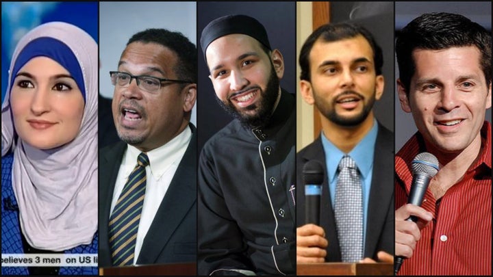 <p>From L to R: Activist Linda Sarsour, Rep. Keith Ellison, Imam Omar Suleiman, author Qasim Rashid, and comedian/writer Dean A Obeidallah.</p>