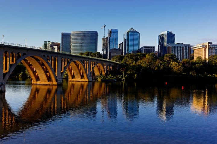 Crossing the Potomac. The Francis Scott Key Bridge, joins Arlington County, Virginia to Georgetown, Washington, D.C.