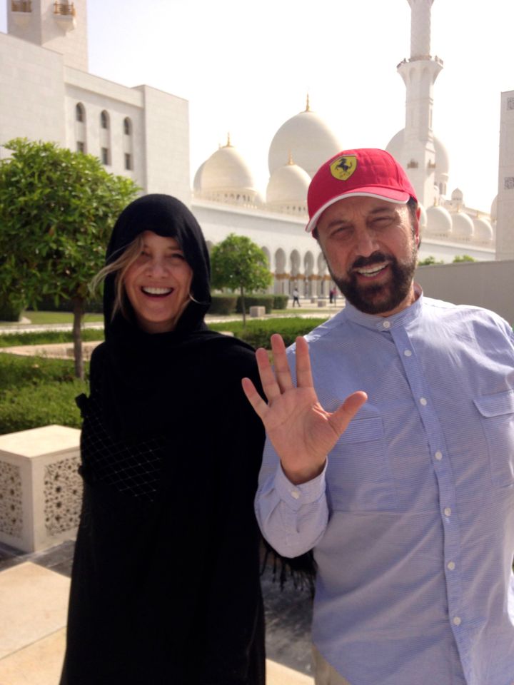 Christine Blackburn and Yakov Smirnoff at the Sheikh Zayed Grand Mosque in Abu Dhabi, UAE.