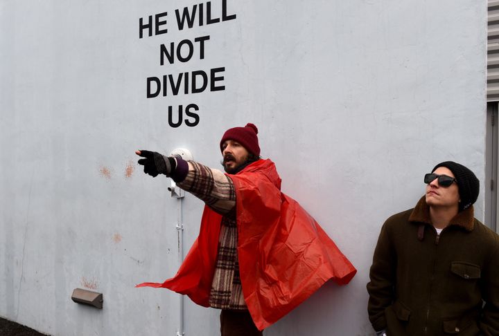 Shia LaBeouf at "He Will Not Divide Us" outside the Museum of the Moving Image.