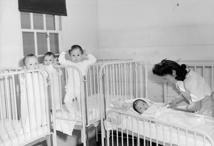 Orphaned infants incarcerated at the Manzanar Children’s Village. Many children, some with as little as 1/8th Japanese ancestry, were ripped from orphanages and foster homes for incarceration. (1943, Manzanar concentration camp, California.)