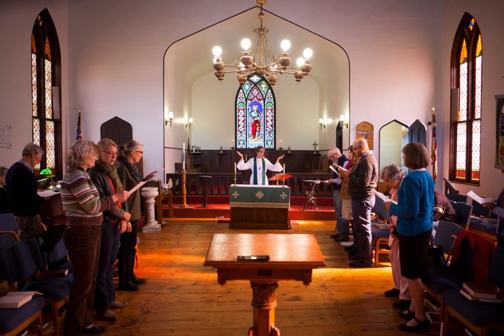 Members of Christ Episcopal Church hold Sunday service, on October 16, 2016 in Bethel, Vermont.