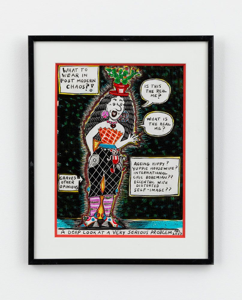 Aline Kominsky-Crumb, "What to wear in the Post Modern Chaos? A Deep Look at a very serious Problem," 2007, ink, glitter, graphite, and acrylic on paper